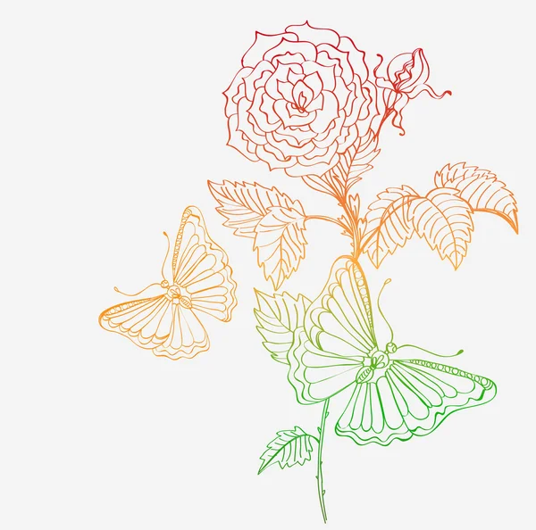 Romantische Doodle Hintergrund mit Rose und Schmetterling — Stockvektor