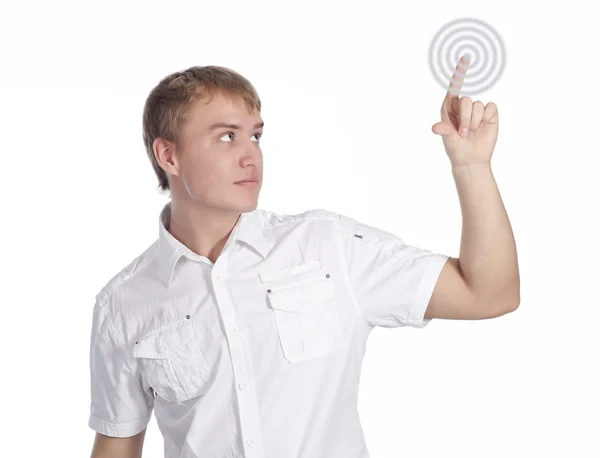 Πορτρέτο ενός επιχειρηματία αυτοπεποίθηση που πιέζει το κουμπί αφής — Φωτογραφία Αρχείου