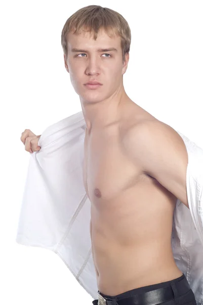 Bonito modelo masculino em branco camisa posando — Fotografia de Stock