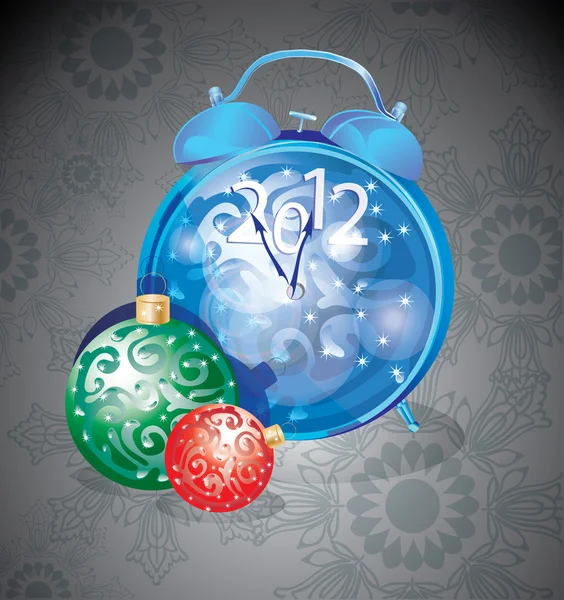 Fondo de Año Nuevo elegante con reloj y decoraciones — Vector de stock