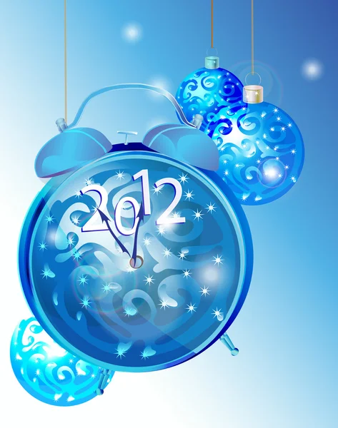 Eleganter Neujahrshintergrund mit Uhr und blauen Dekorationen — Stockvektor