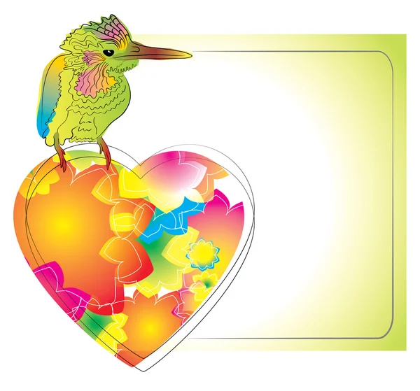 Πολύχρωμο κάρτα με πουλί και καρδιά — Διανυσματικό Αρχείο