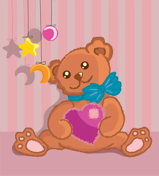 Handgezeichneter pelziger Teddybär mit Herz in Pfoten — Stockvektor