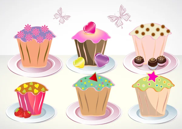 Conjunto de 6 cupcakes bonitos — Vetor de Stock