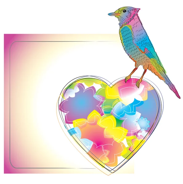 多彩卡与鸟和心 — 图库矢量图片
