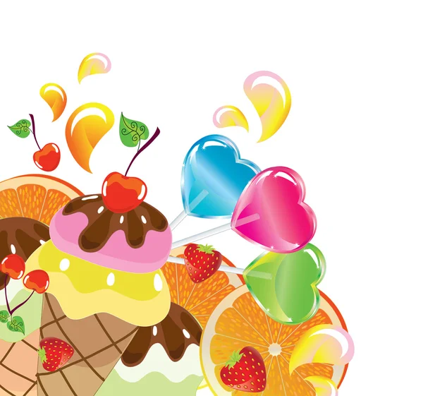 Hintergrund mit Süßigkeiten, Obst, Beeren und Eis — Stockvektor