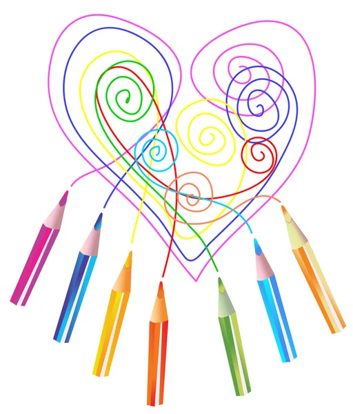 배경 색상 드로잉 연필 및 심장 — 스톡 벡터