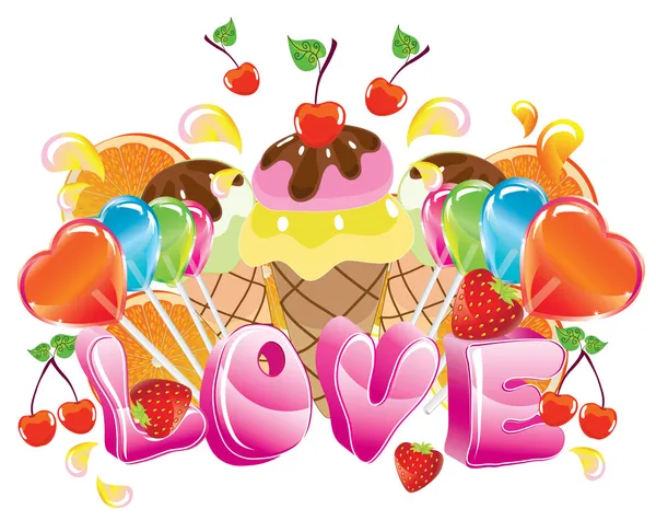 Valentine background with sweets, fruit, berries and ice cream — Stock Vector