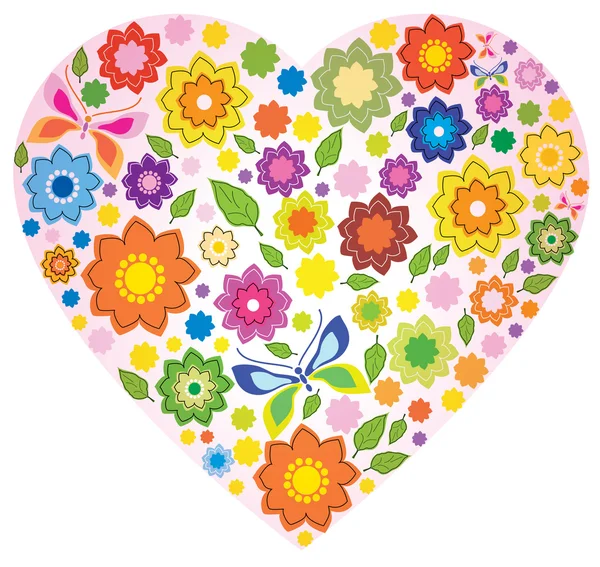 Renkli kalp çiçek ve kelebek — Stok Vektör