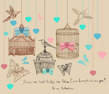 Valentine background with cages and birds clipart