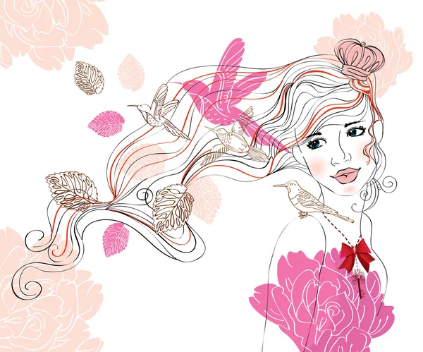女孩和花的美丽背景 — 图库矢量图片