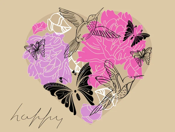 Valentijn bloemen bruin en roze achtergrond met hart — Stockvector