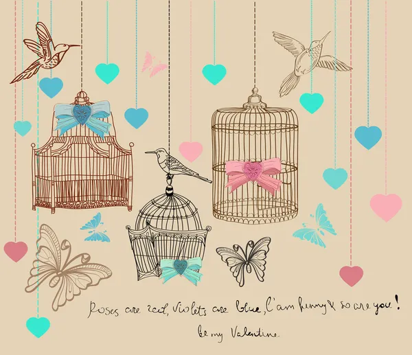 Fondo de San Valentín con jaulas y pájaros — Archivo Imágenes Vectoriales