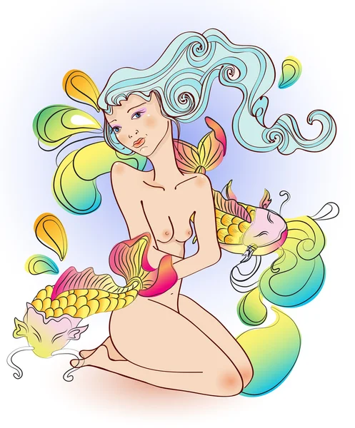 魚、illustratio と座っている裸の体を持つ魅力的な少女 — ストックベクタ
