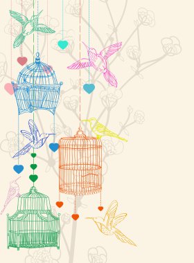 Valentine hand drawing background with birds, flowers and cage clipart