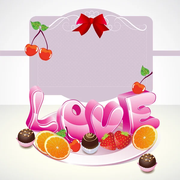 Fondo de San Valentín con dulces, frutas, bayas y amor y la — Archivo Imágenes Vectoriales