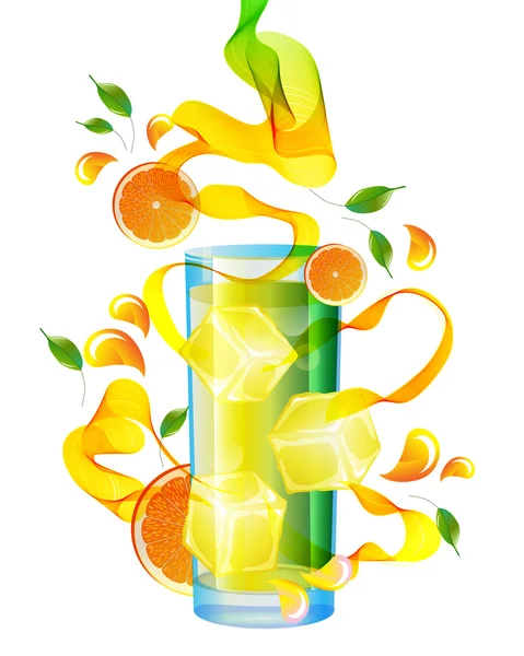 Zumo de naranja con salpicadura, onda abstracta y hojas — Vector de stock