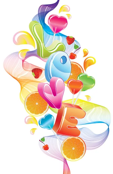 Valentijn achtergrond met snoep, fruit, bessen en liefde — Stockvector