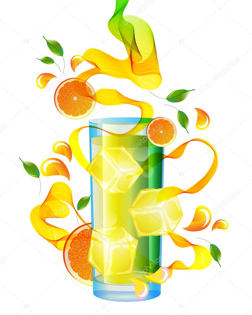 Orange juice with splash, abstract wave and leaves