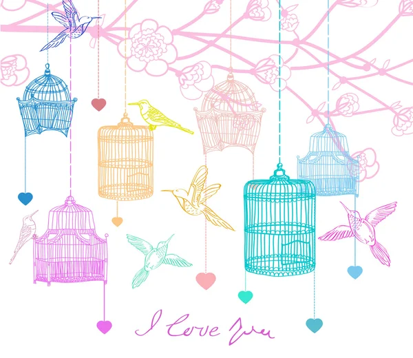 San Valentín dibujo a mano fondo con pájaros, flores y jaula — Vector de stock
