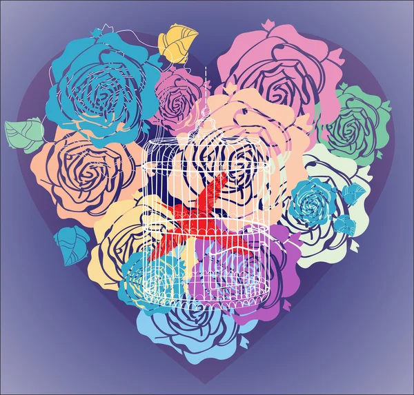 情人节背景与花的心和笼子 — 图库矢量图片