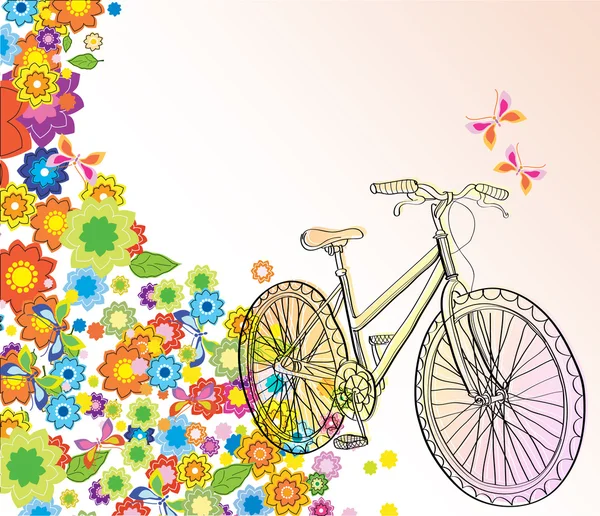 Hintergrund mit Fahrrad und schönen Blumen — Stockvektor