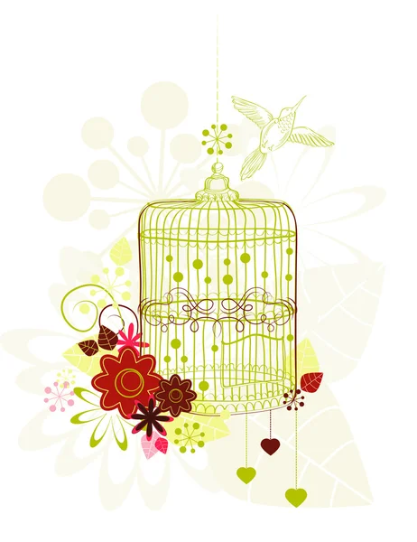 Cage avec fleurs et oiseaux — Image vectorielle