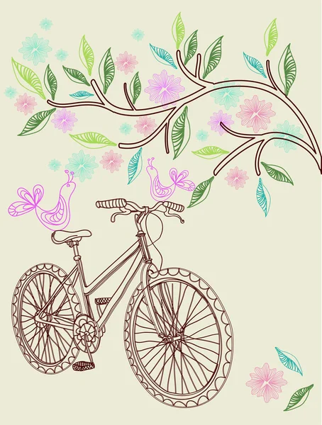 Fundo floral com bicicleta — Vetor de Stock