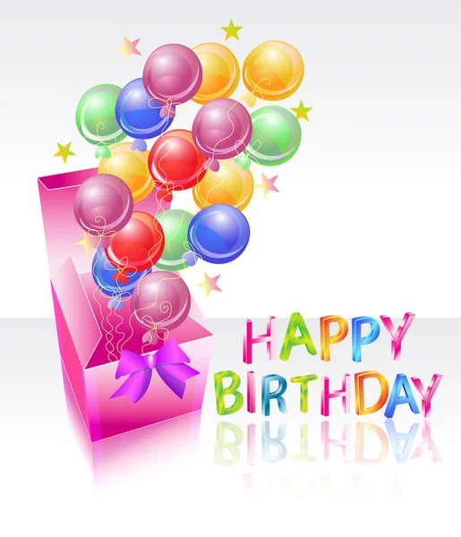 Brillante caja con globos de aire y feliz cumpleaños — Vector de stock