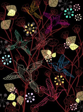 Beautiful dark floral illustration with birds clipart