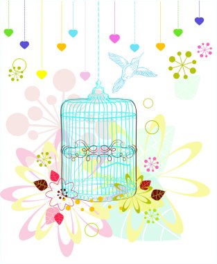 Cage with flowers and bird over white clipart