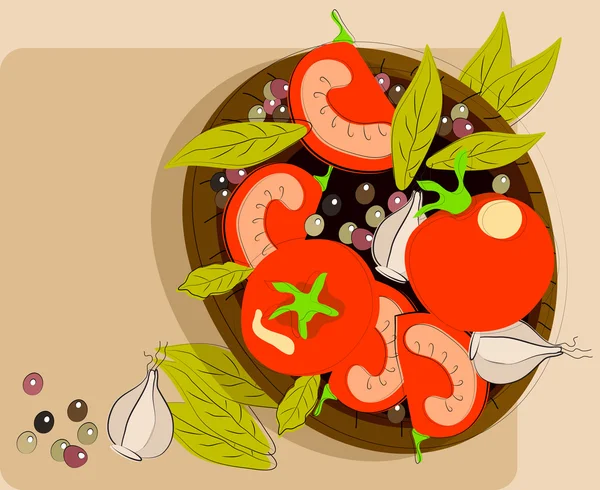 Bakgrund med tomat på en tallrik — Stock vektor