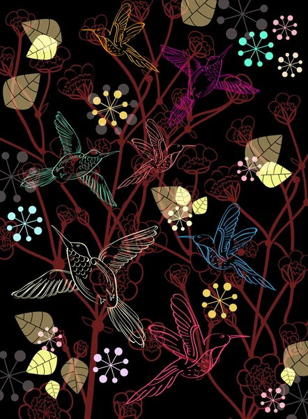 Schöne dunkel florale Illustration mit Vögeln — Stockvektor