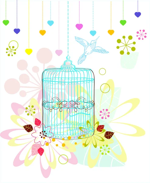 Cage avec fleurs et oiseau sur blanc — Image vectorielle