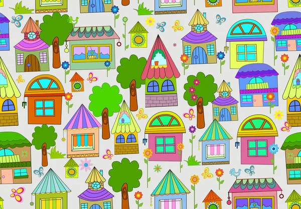 Fond de couleur sans couture avec des maisons mignonnes — Image vectorielle