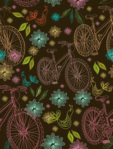 Naadloze achtergrond met bloemen, fiets en bird — Stockvector