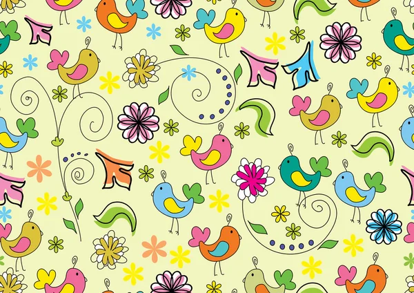 かわいい漫画の鳥とシームレスな花の色の背景 — ストックベクタ