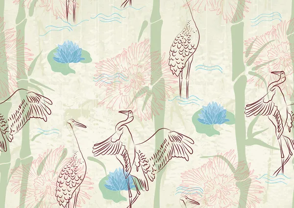 Bambu, leylek ve lily ile sorunsuz arka plan — Stok Vektör
