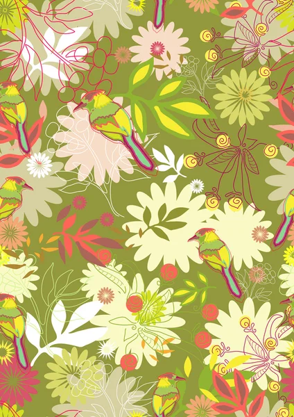 Motif sans couture avec des fleurs tendres et des oiseaux — Image vectorielle