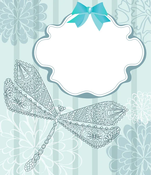 Cartão azul com bela libélula e flores —  Vetores de Stock