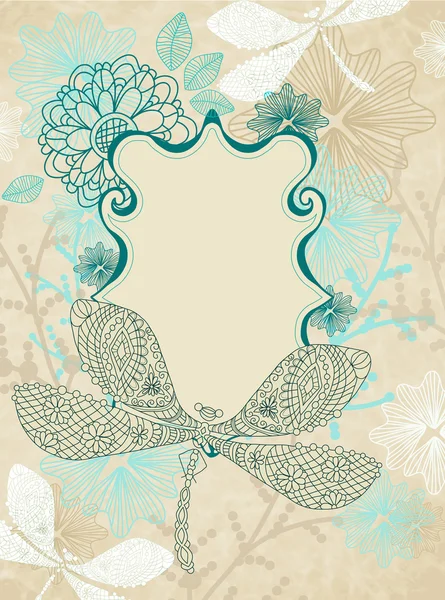 Cartão com bela libélula e flores — Vetor de Stock