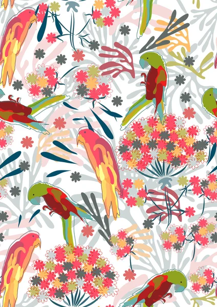Abstrakte Handzeichnung nahtloser Muster mit Blumen und Vögeln — Stockvektor