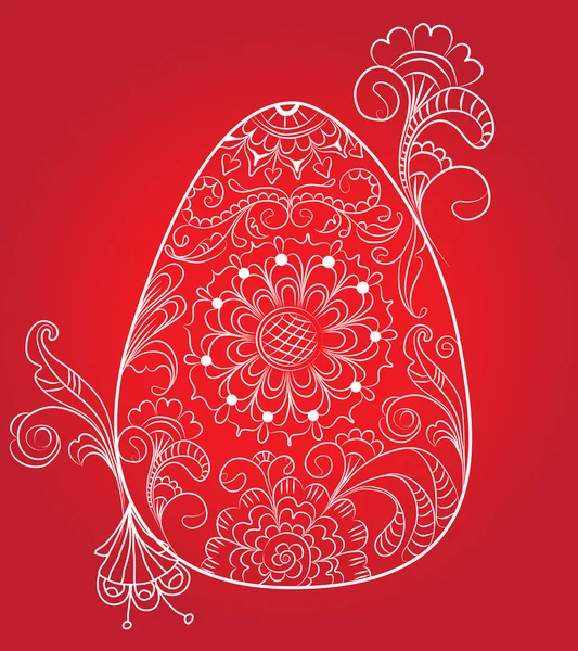 Πασχαλινή κόκκινη κάρτα με αυγό και floral στολίδι — Διανυσματικό Αρχείο