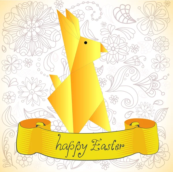 Conejo de Pascua con flores y estandarte — Vector de stock