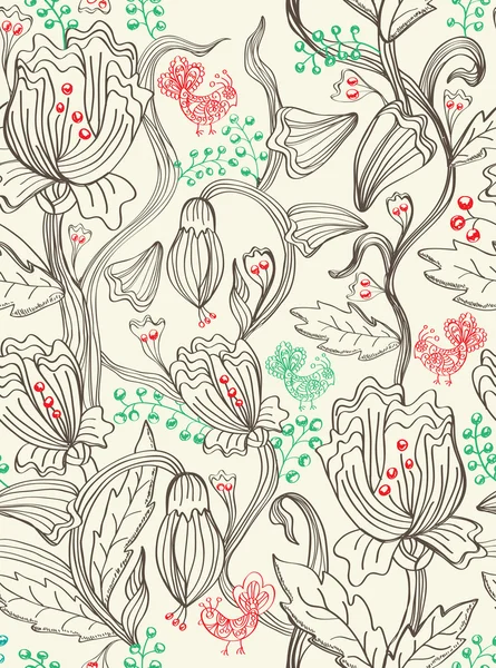 Άνευ ραφής όμορφο σχέδιο με λουλούδια και πουλιά — Διανυσματικό Αρχείο