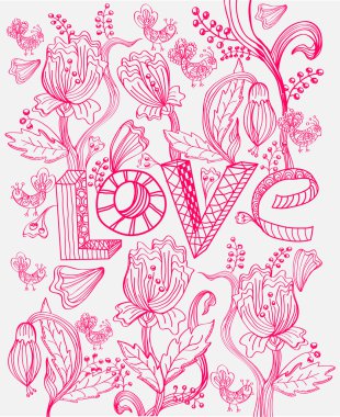 Stylish pink floral background with LOVE clipart