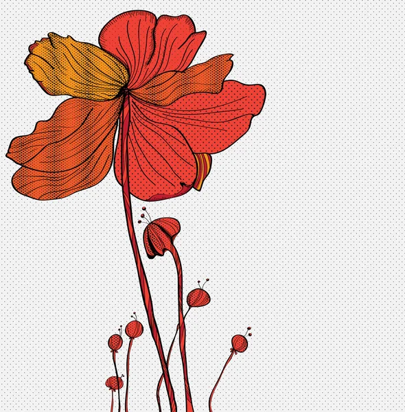 Fondo floral rojo con estilo, flores dibujadas a mano — Vector de stock