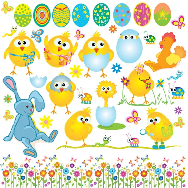Set de Pascua, pollos lindos, conejo, polla, huevo — Archivo Imágenes Vectoriales