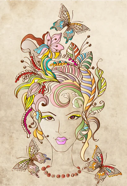 Dibujado a mano Hermosa mujer con flores en el pelo — Vector de stock