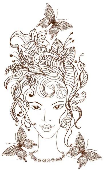 手中的头发绘制漂亮的女人和花 — 图库矢量图片